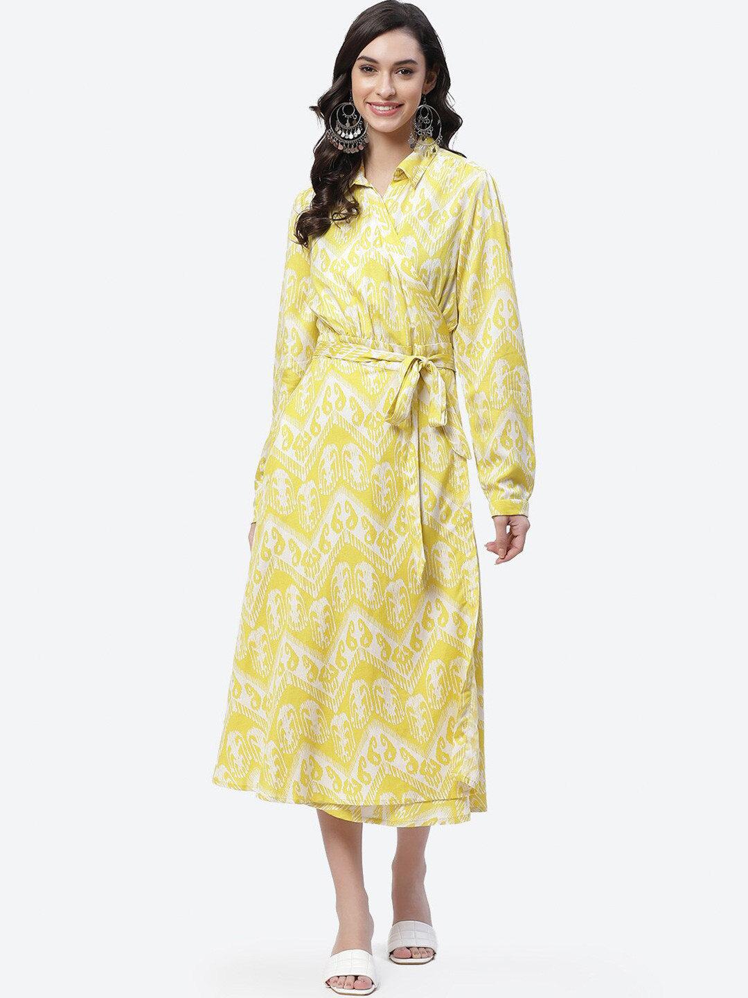 

Biba Yellow Floral Ethnic A-Line Midi Dress