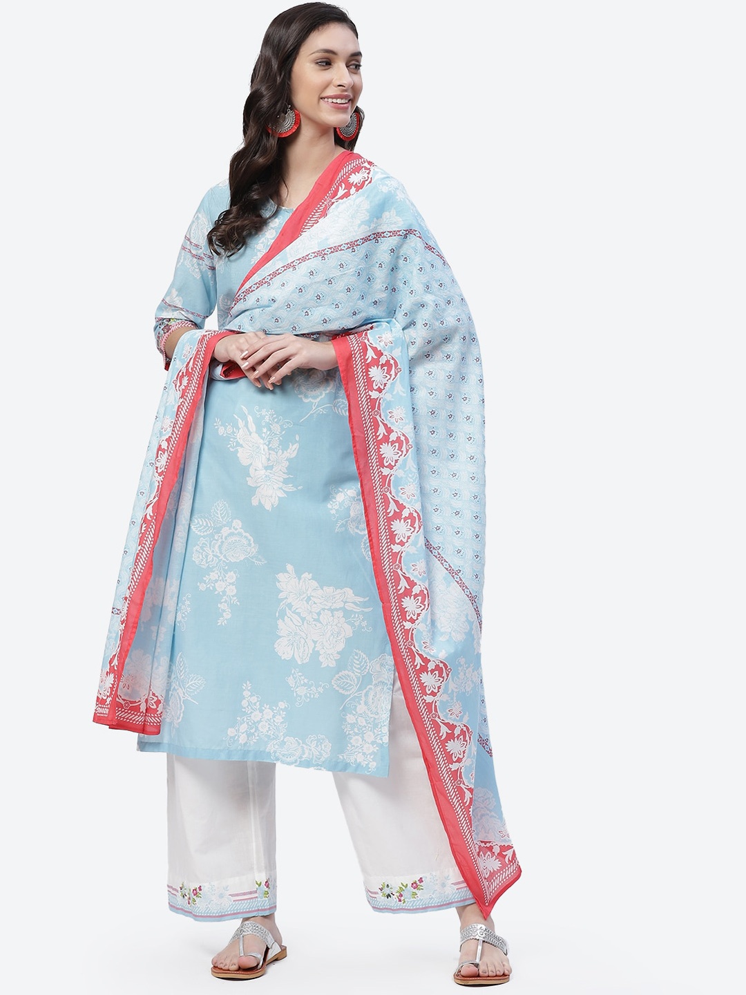 

Biba Women Blue Ethnic Motifs Printed Pure Cotton Kurta with Palazzos & With Dupatta