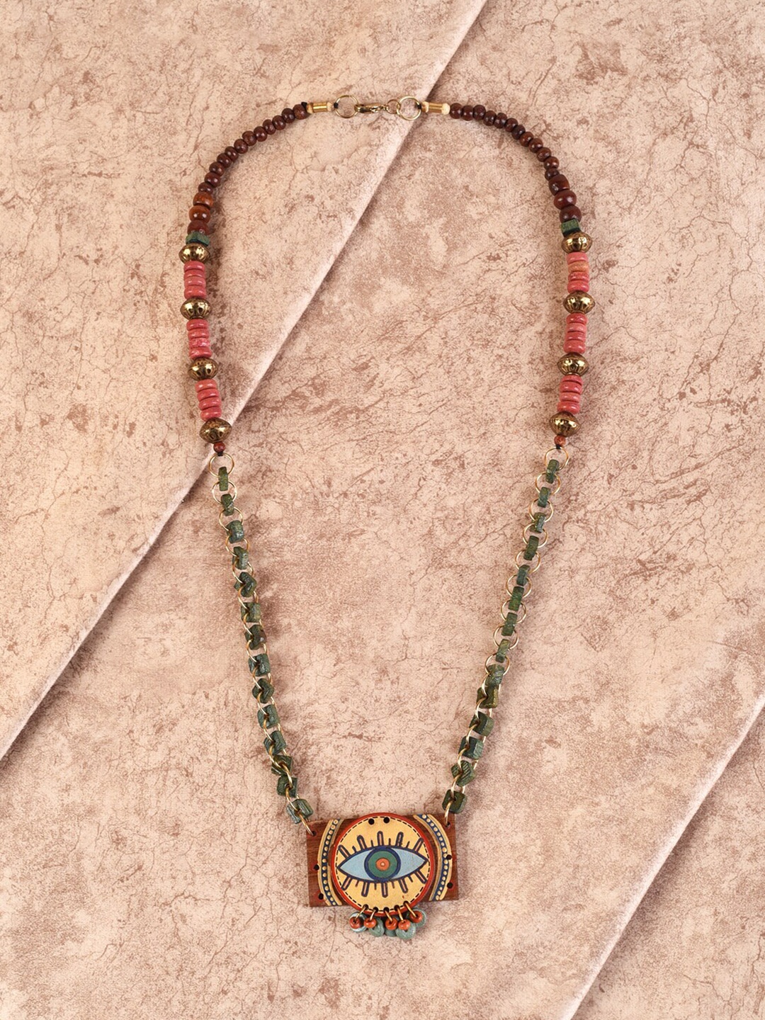 

AAKRITI ART CREATIONS Brown & Green Brass Evil Eye Round Tribal Dhokra Necklace
