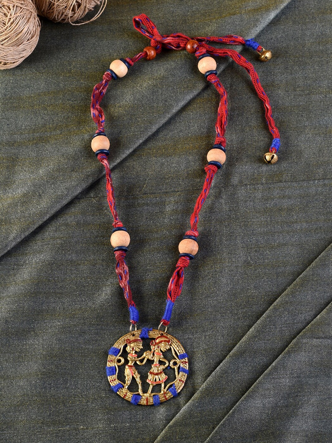 

AAKRITI ART CREATIONS Red & Blue Brass The Tribal Circle Dhokra Necklace