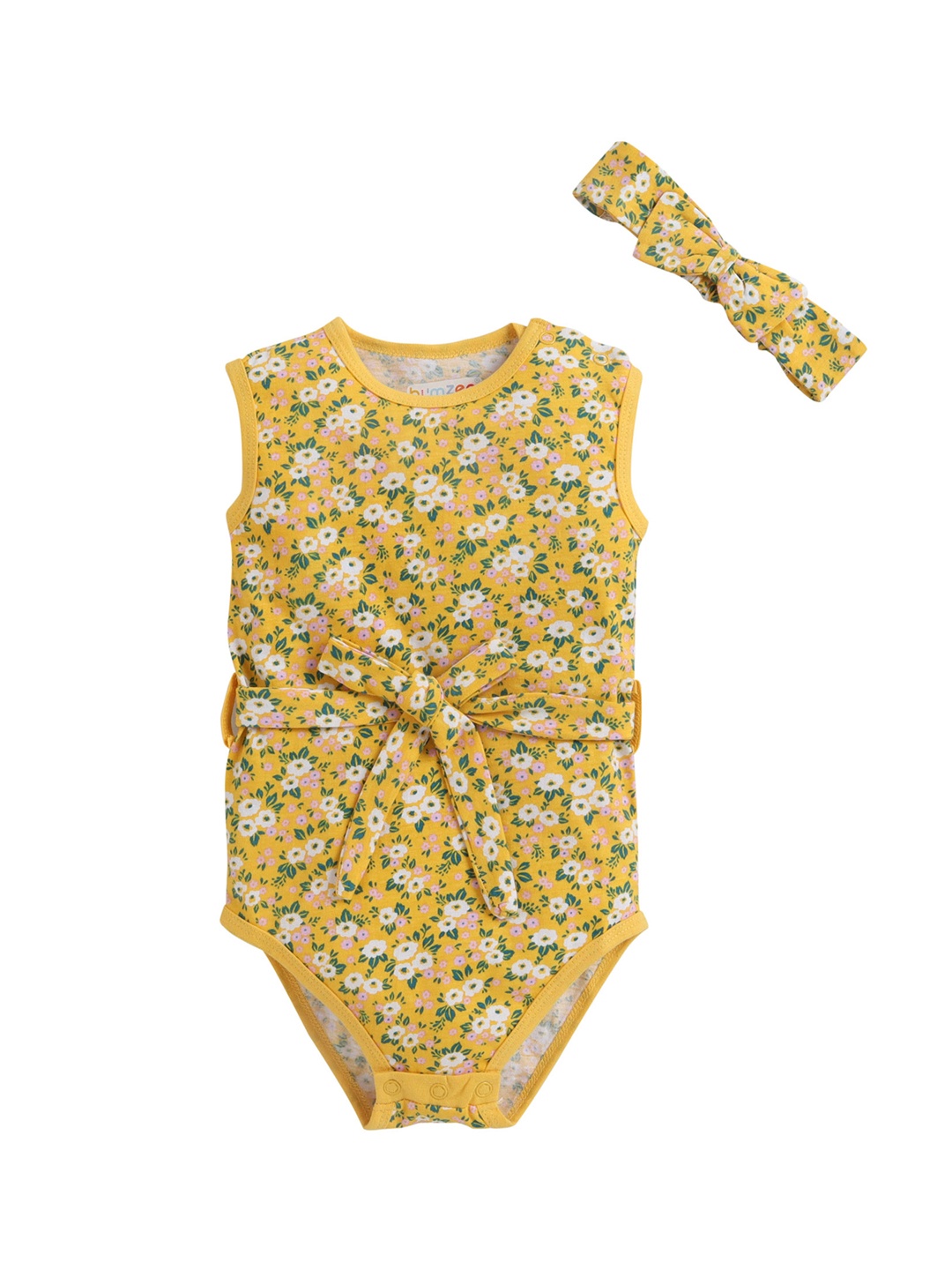 

BUMZEE Girls Yellow & White Floral Printed Pure Cotton Bodysuit With Hair Band