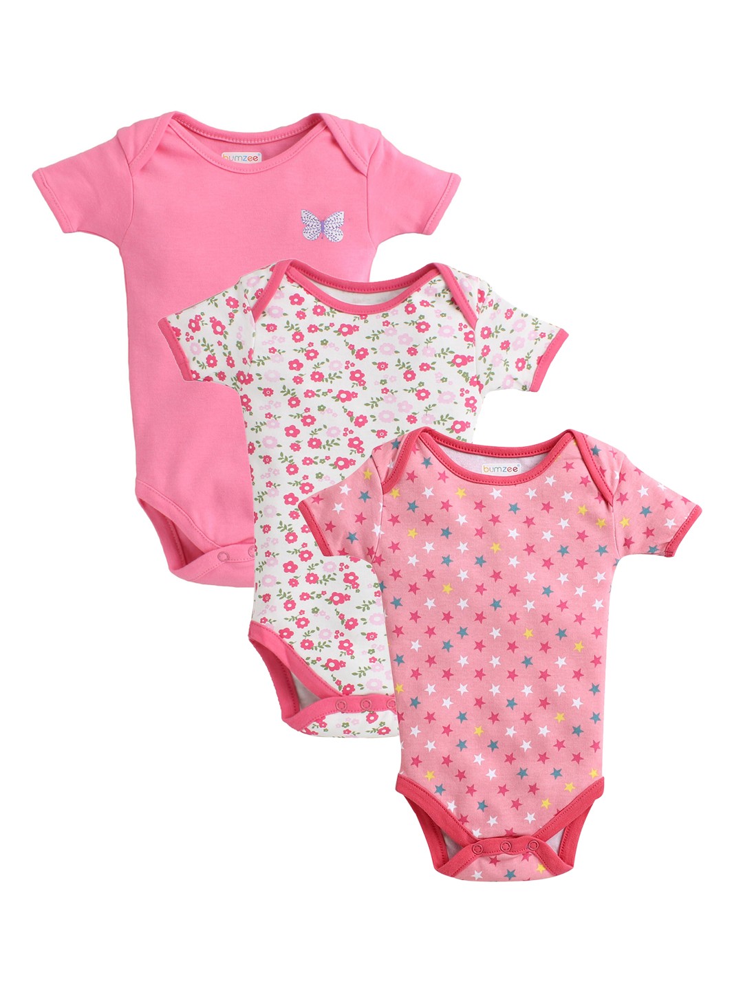 

BUMZEE Infant Girls Pack Of 3 Pure Cotton Bodysuit, Pink