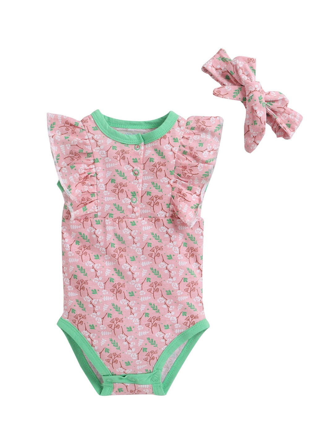 

BUMZEE Infant Girls Pink & Green Printed Pure Cotton Bodysuit
