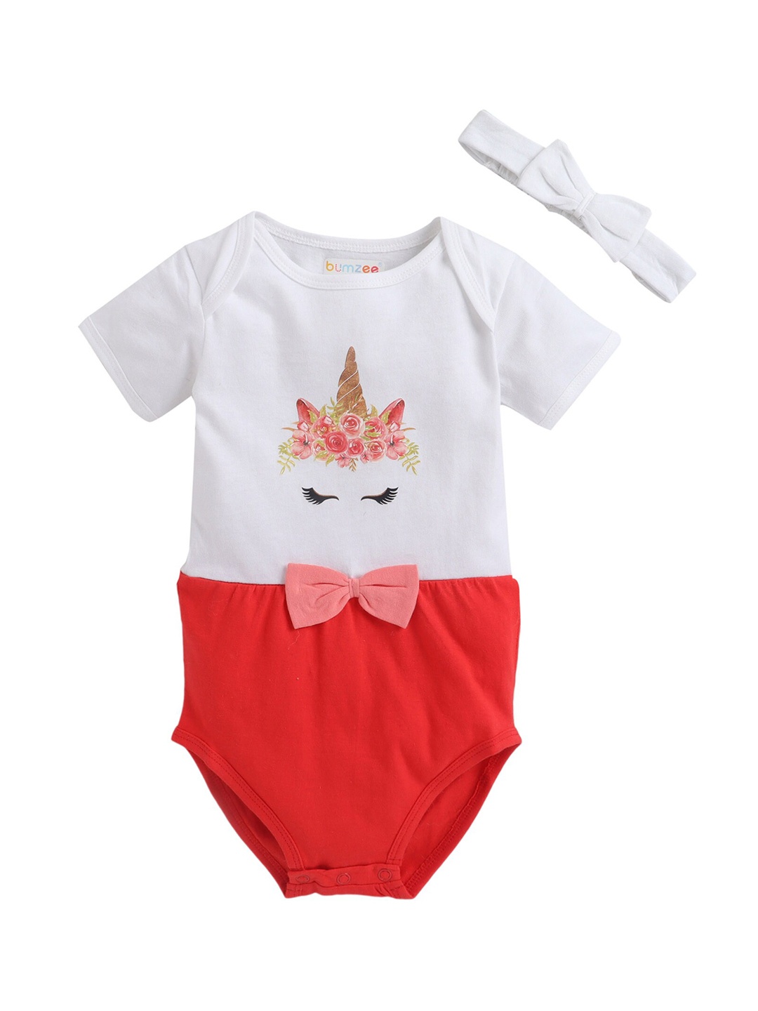 

BUMZEE Infant Girls Red & White Printed Bodysuit With Hair Band