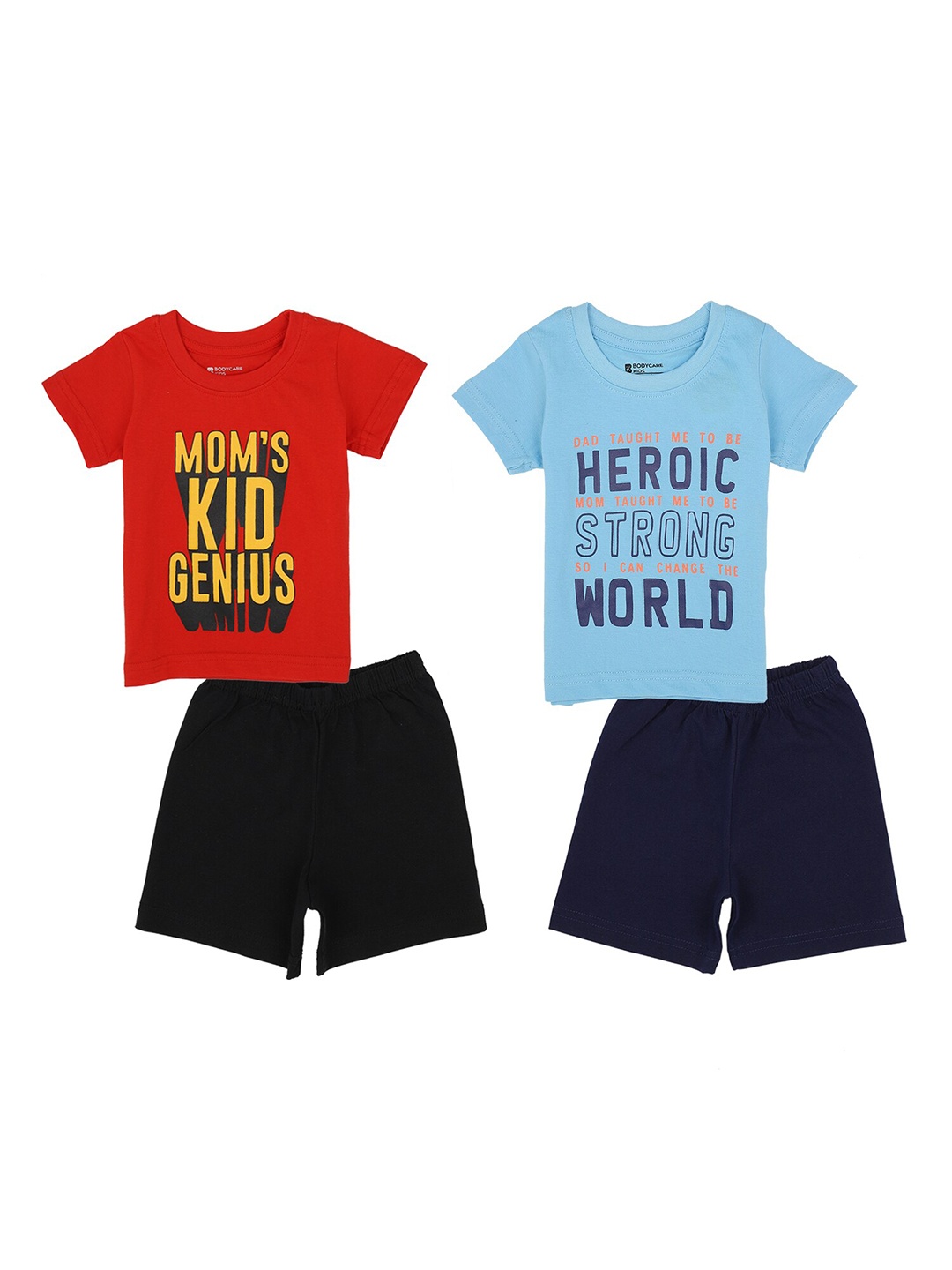 

Bodycare Kids Boys Pack Of 2 Red & Blue Printed Pure Cotton T-shirt With Shorts