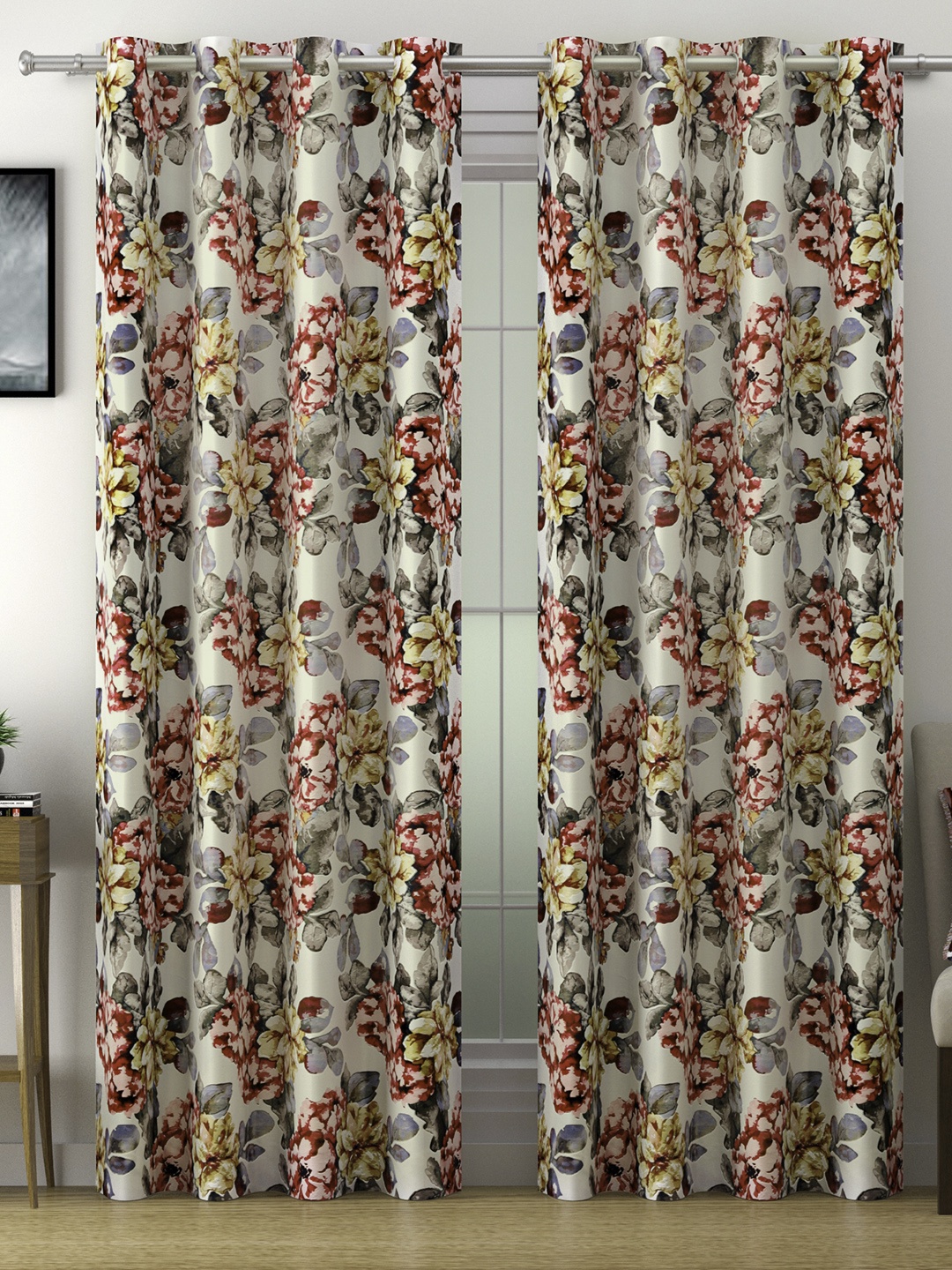

Swayam Omega Set of 2 Red Floral 90% Blackout Eyelet Design Door Curtains -7.5ft