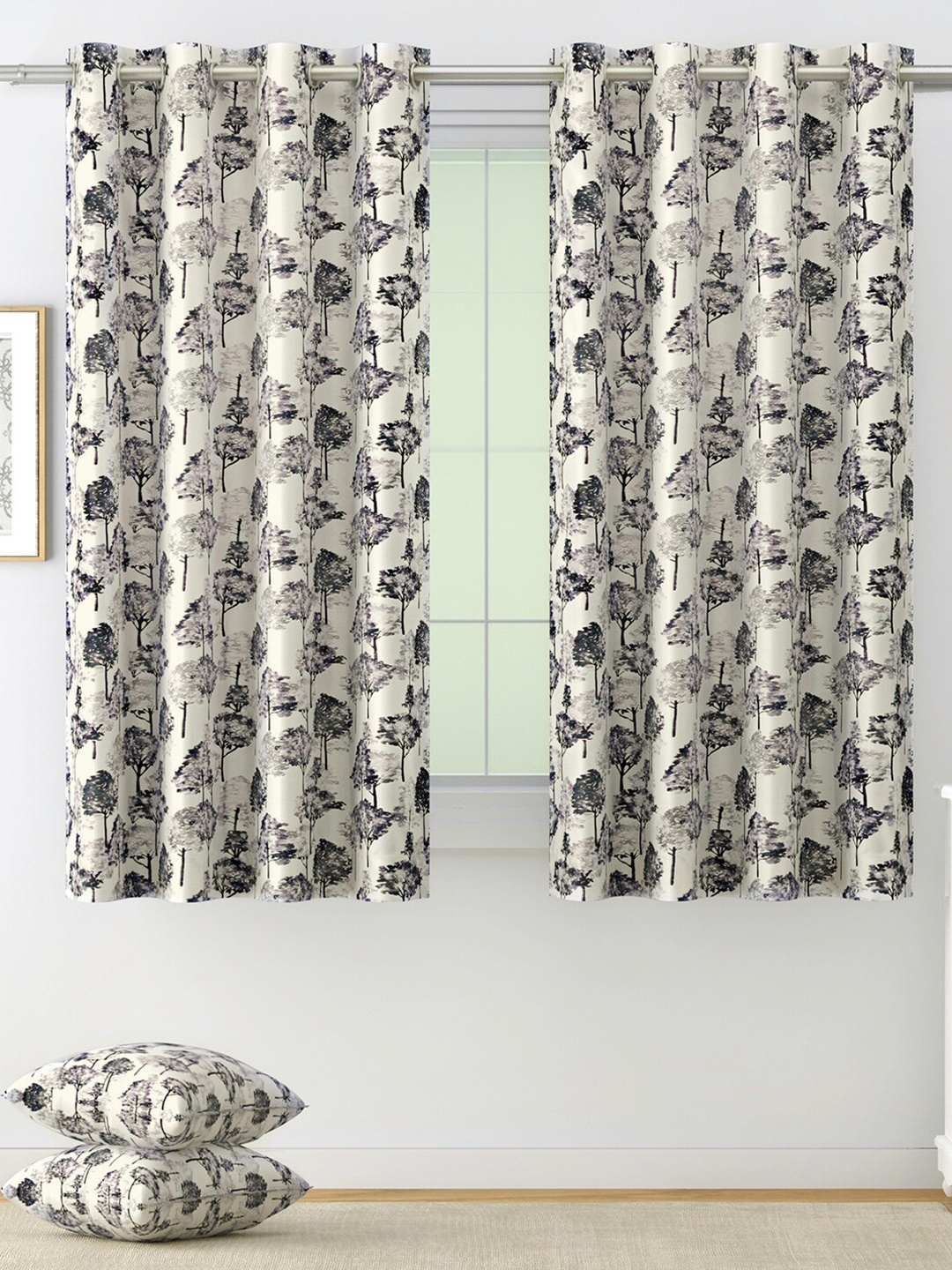 

SWAYAM Black & Grey Set of 2 Floral Room Darkening Window Curtain