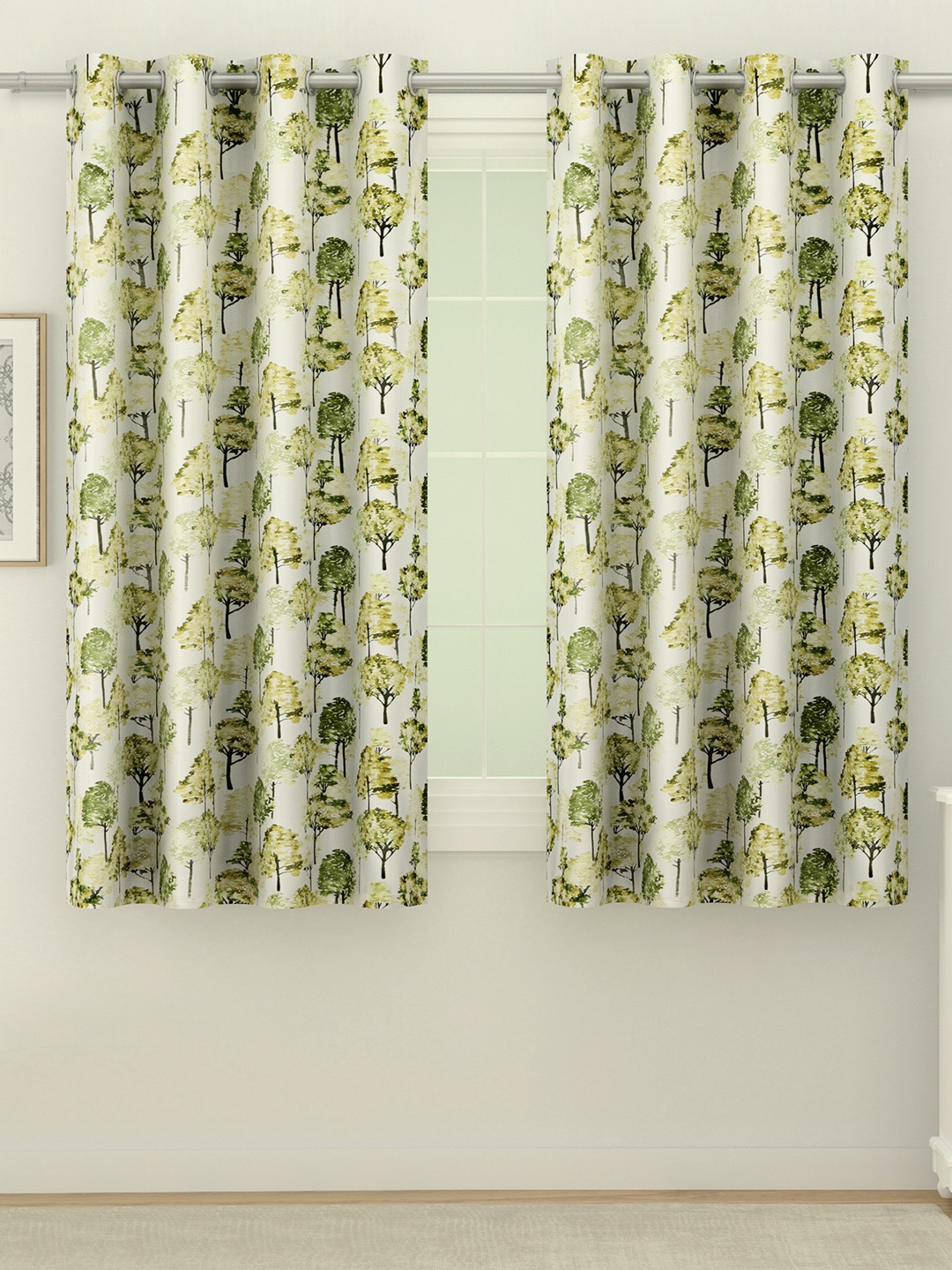

SWAYAM Green & Yellow Set of 2 Floral Room Darkening Window Curtains
