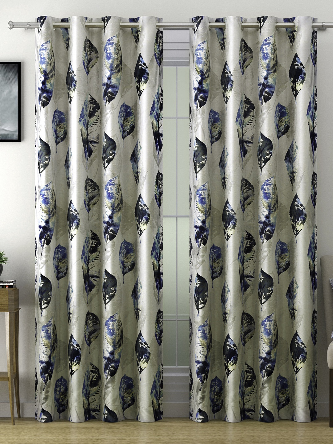SWAYAM Set of 2 Blue & White Floral Room Darkening Door Curtain