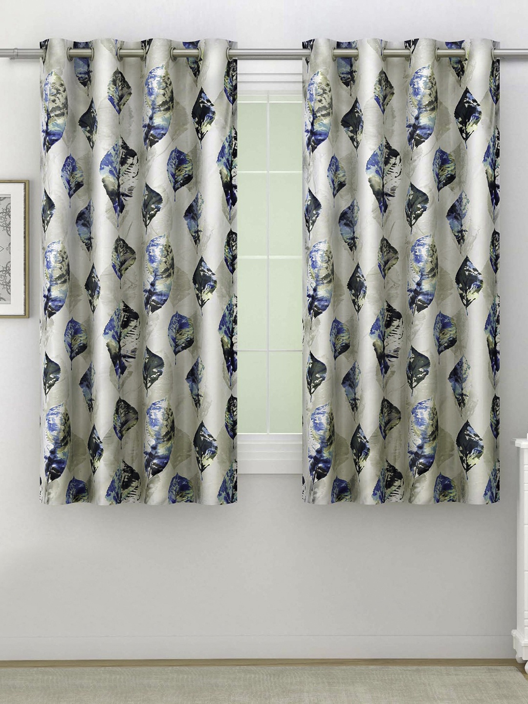 

SWAYAM Pack Of 2 Blue Floral Room Darkening Window Curtains