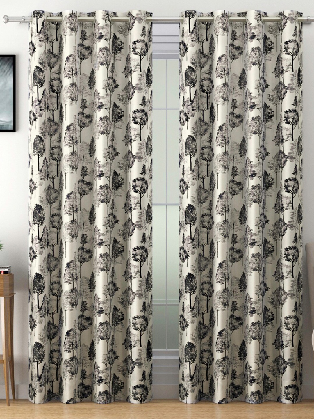 

SWAYAM Set Of 2 Black & White Floral Room Darkening Long Door Curtain