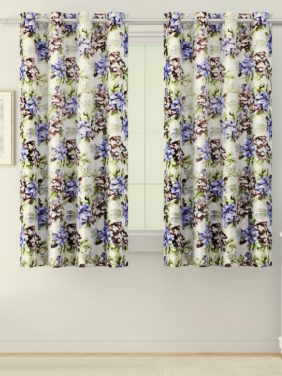

SWAYAM Blue & Green Set of 2 Floral Room Darkening Window Curtain