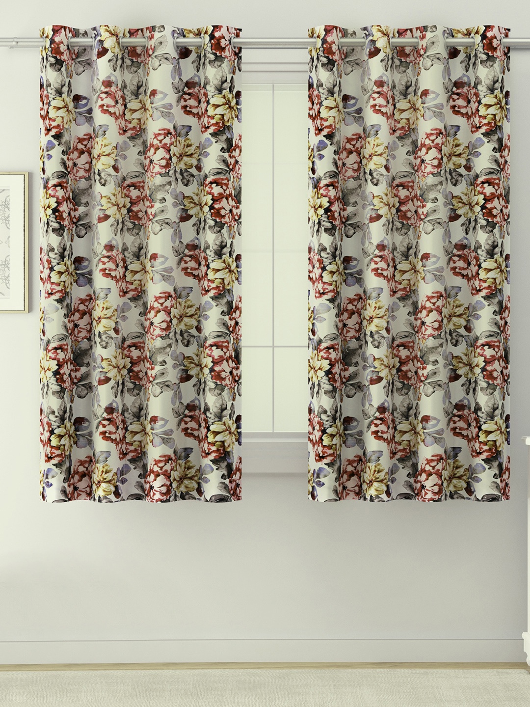 

SWAYAM Red & Grey Set of 2 Floral Room Darkening Window Curtains