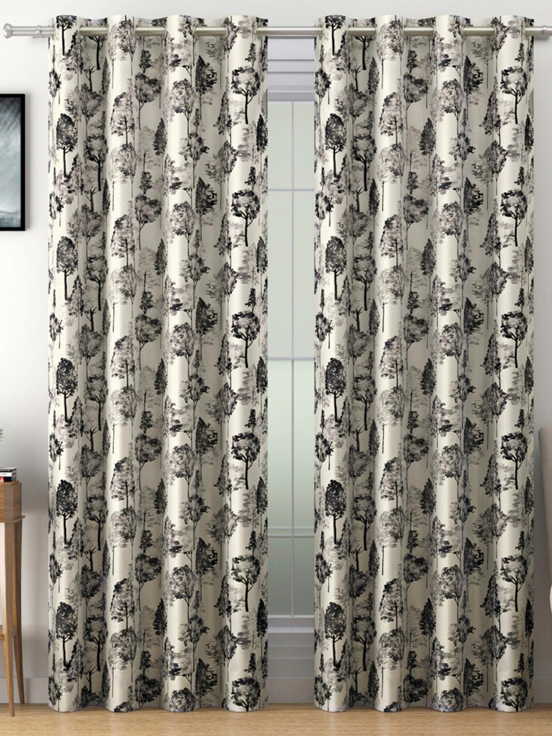 

SWAYAM Black & Grey Set of 2 Floral Room Darkening Door Curtain