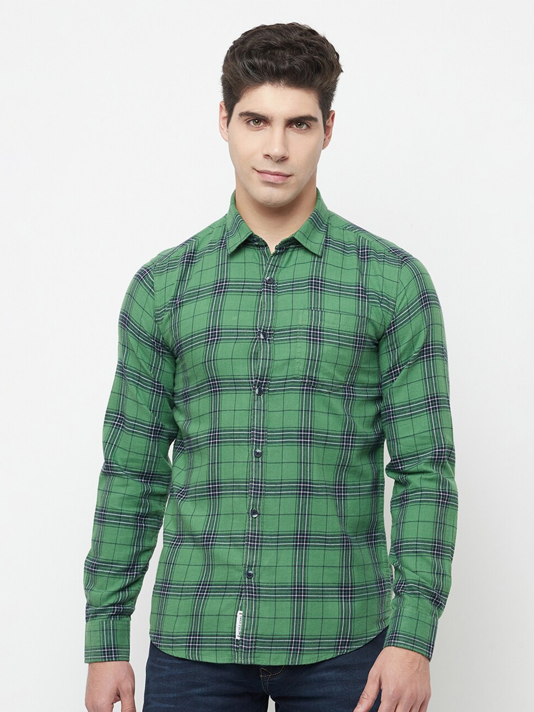 

METTLE Men Olive Green Tartan Checked Casual Shirt