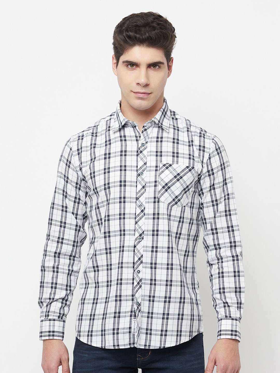 

METTLE Men White Checked Regular Fit Cotton Casual Shirt