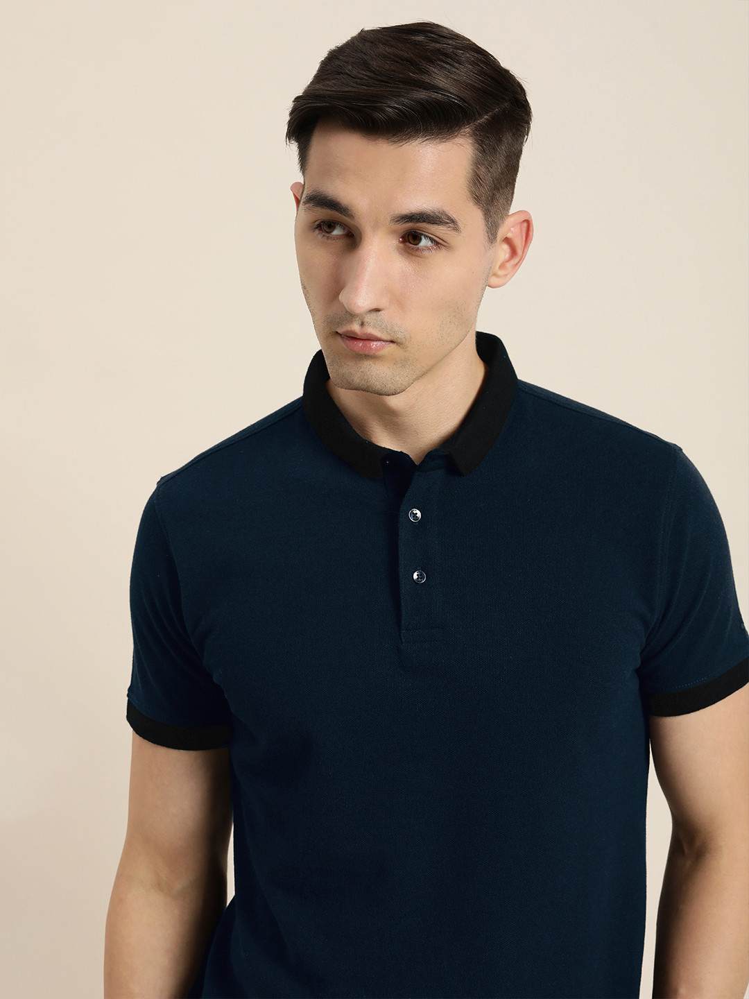 

ether Men Navy Blue Solid Polo Collar Slim Fit Casual T-shirt