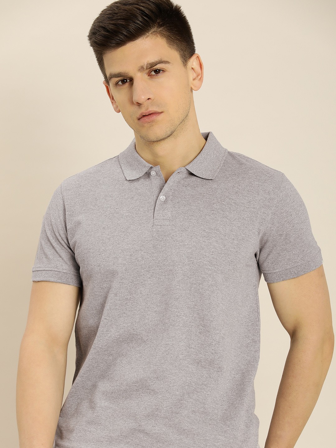 

ether Men Grey Melange Polo Collar T-shirt