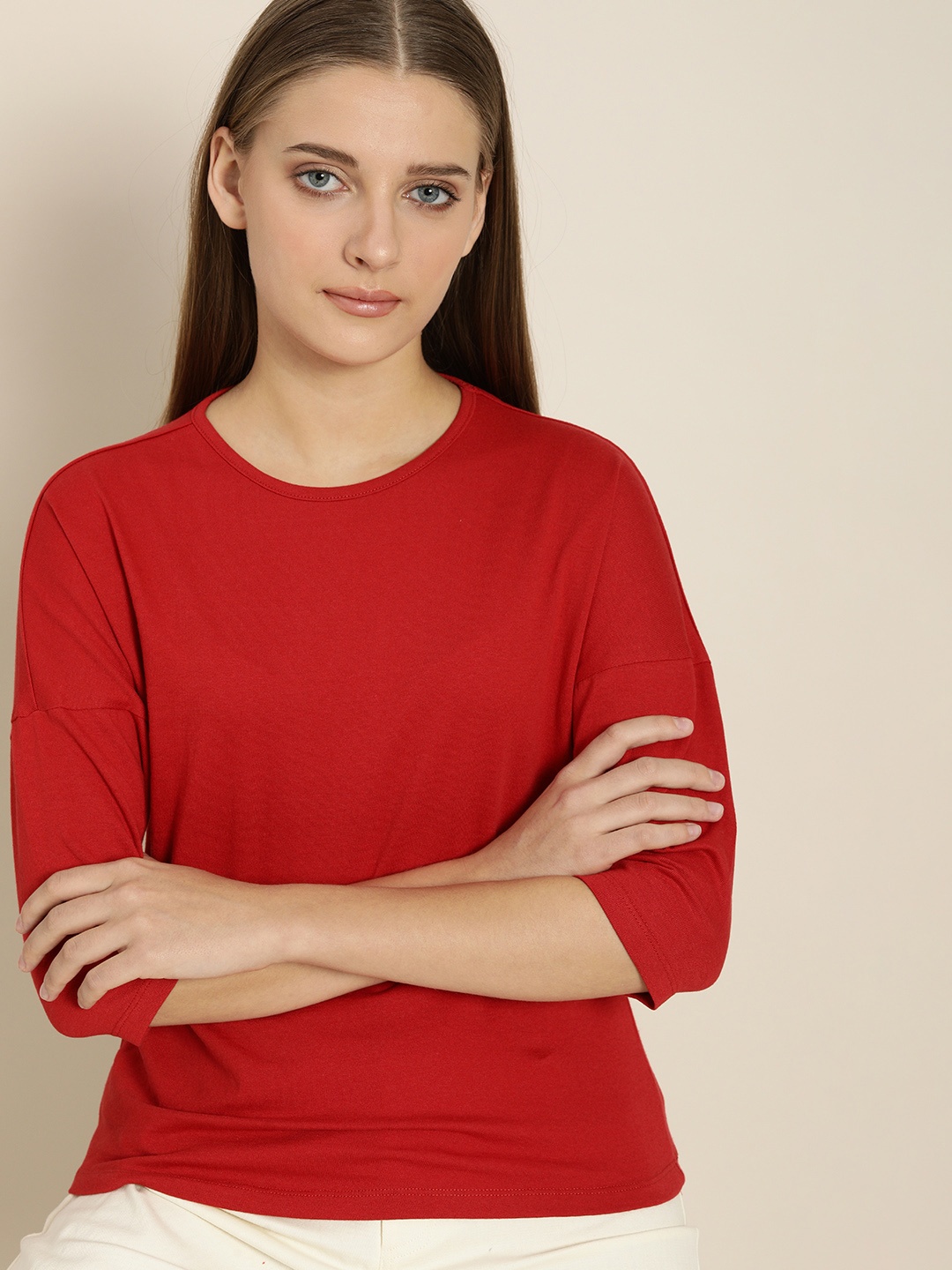 

ether Women Red Solid Round Neck T-shirt