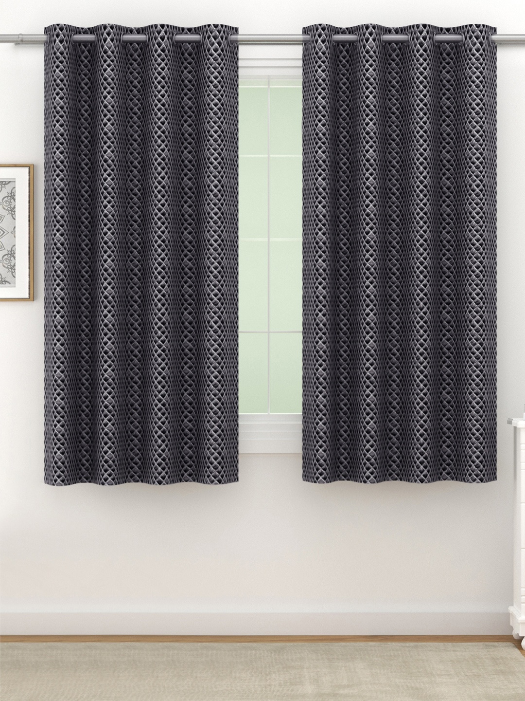 

SWAYAM Grey Set of 2 Black Out Velvet Window Curtains