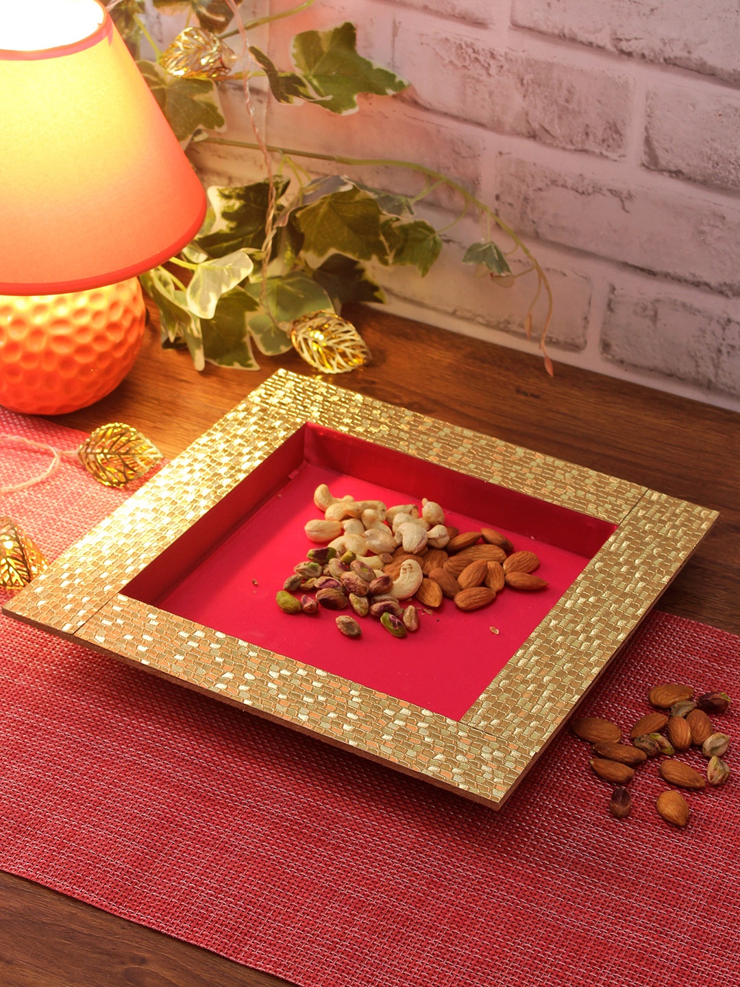 

Aapno Rajasthan Red & Gold-Toned Textured Handcrafted Wooden Tray