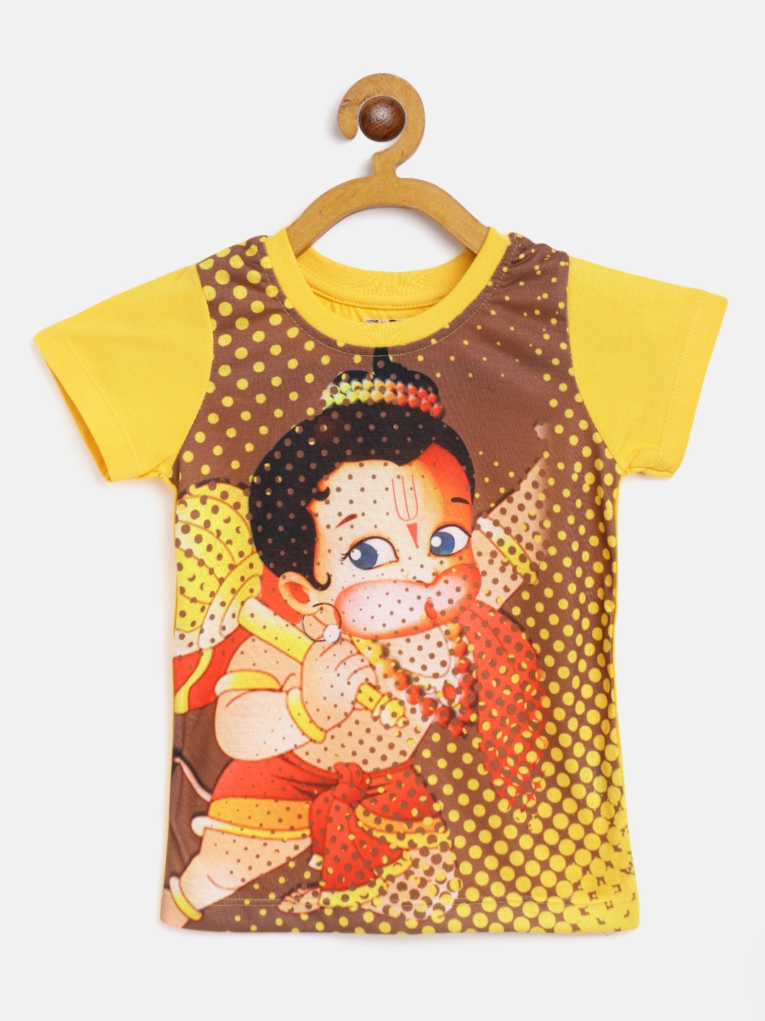 

Eteenz Boys Yellow & Coffee Brown Polka Dot & Hanuman Printed Cotton T-shirt