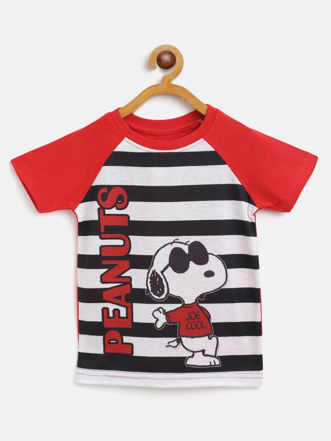 

Eteenz Boys White & Black Striped & Peanuts Print Cotton T-shirt