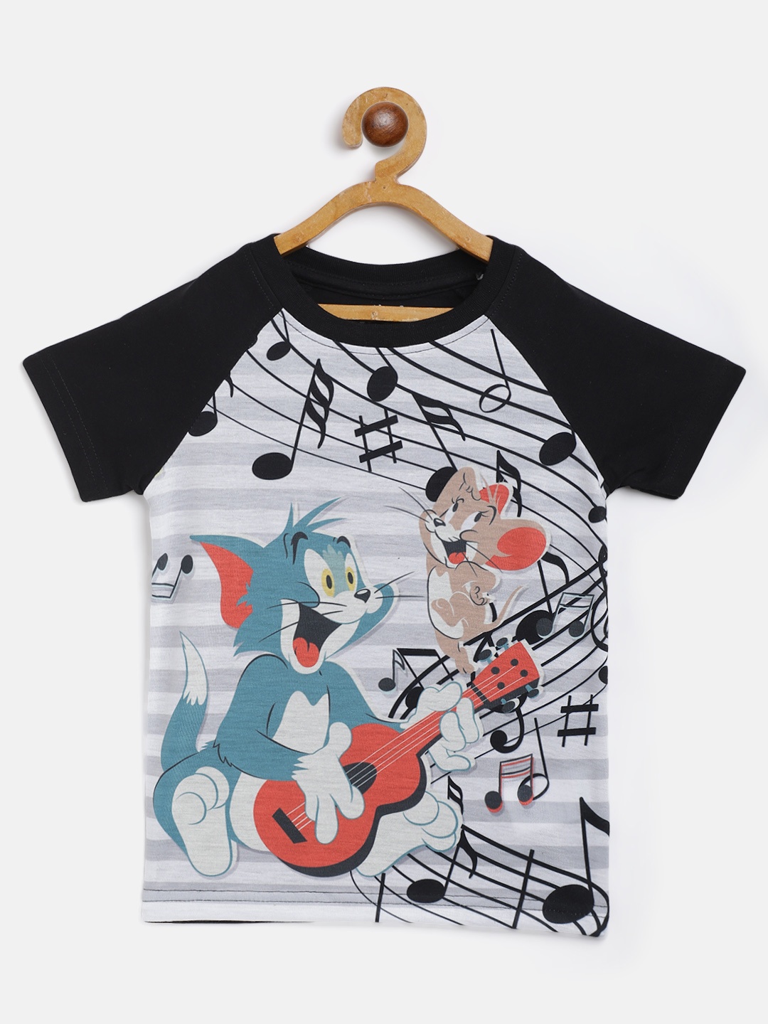 

Eteenz Boys Grey Melange & Black Striped Tom & Jerry Print Cotton T-shirt