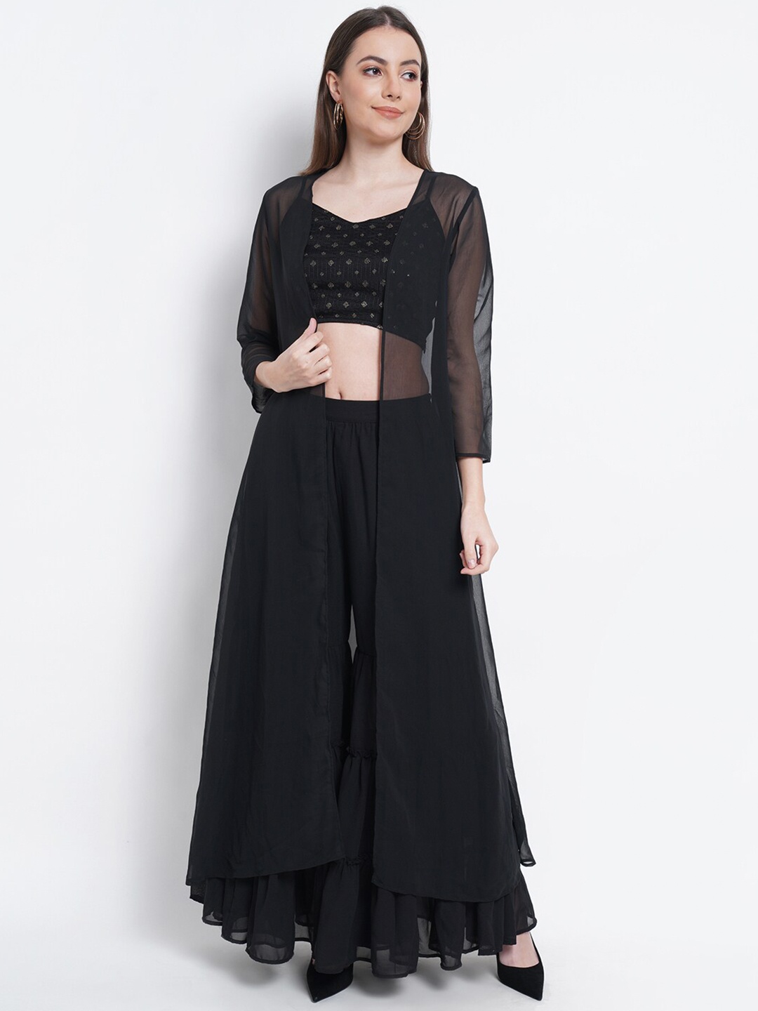

Purple State Women Black Ethnic Motifs Embroidered Crop Top & Sharara With Coat