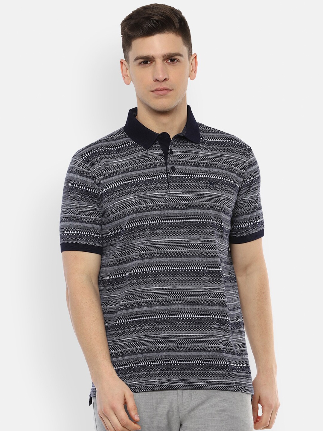 

Louis Philippe Men Grey Striped Pure Cotton Polo Collar T-shirt