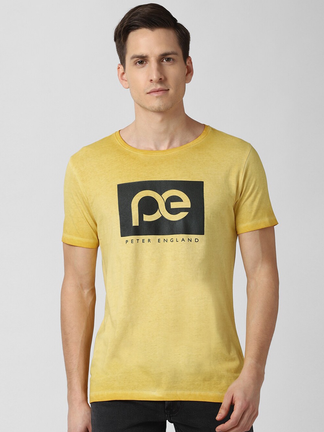 Peter England Casuals Men Yellow Printed Slim Fit T-shirt