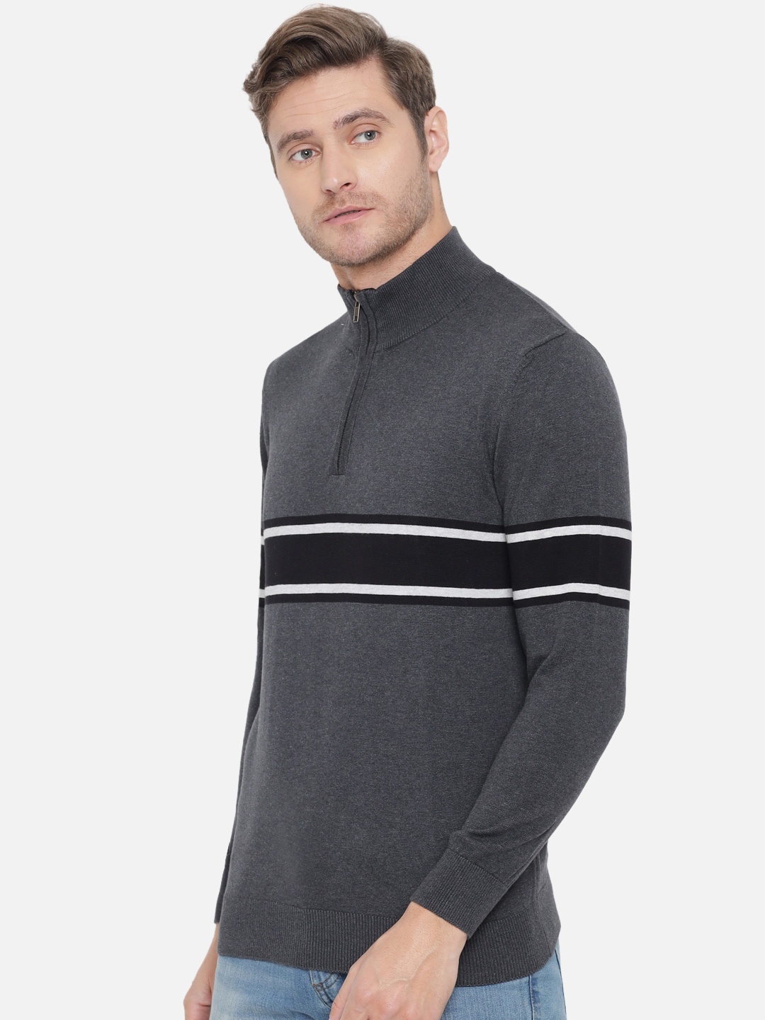 

ARMISTO Men Grey & Black Striped Half Zip Pullover