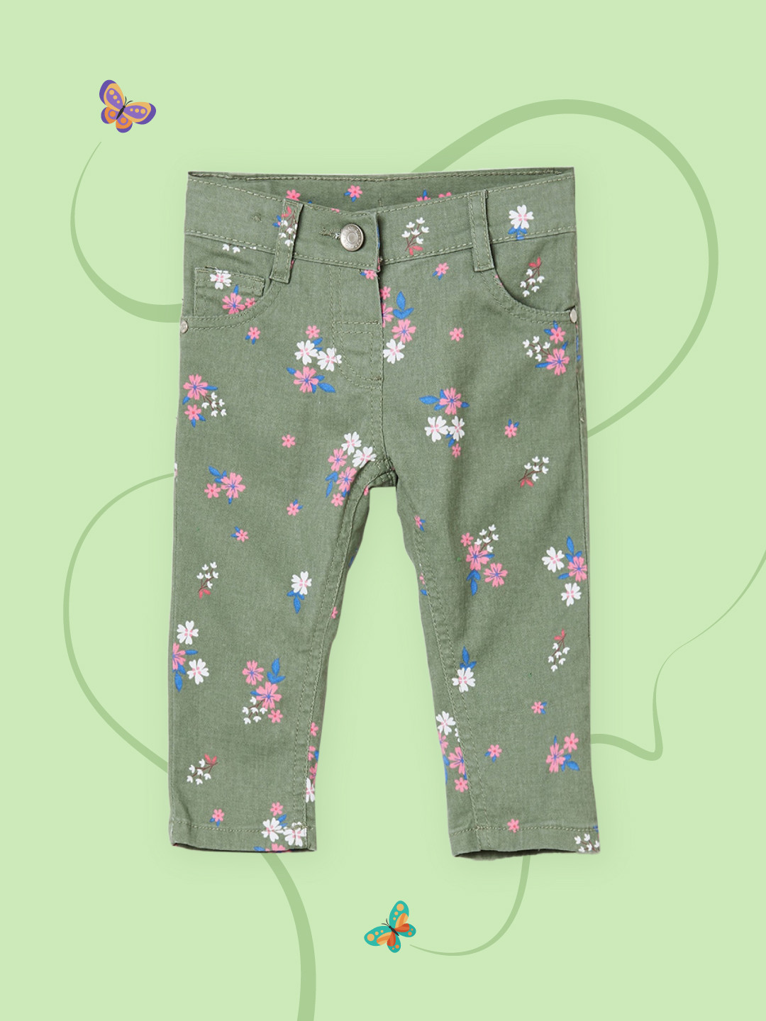 

max Girls Olive Green Floral Printed Chinos Trousers