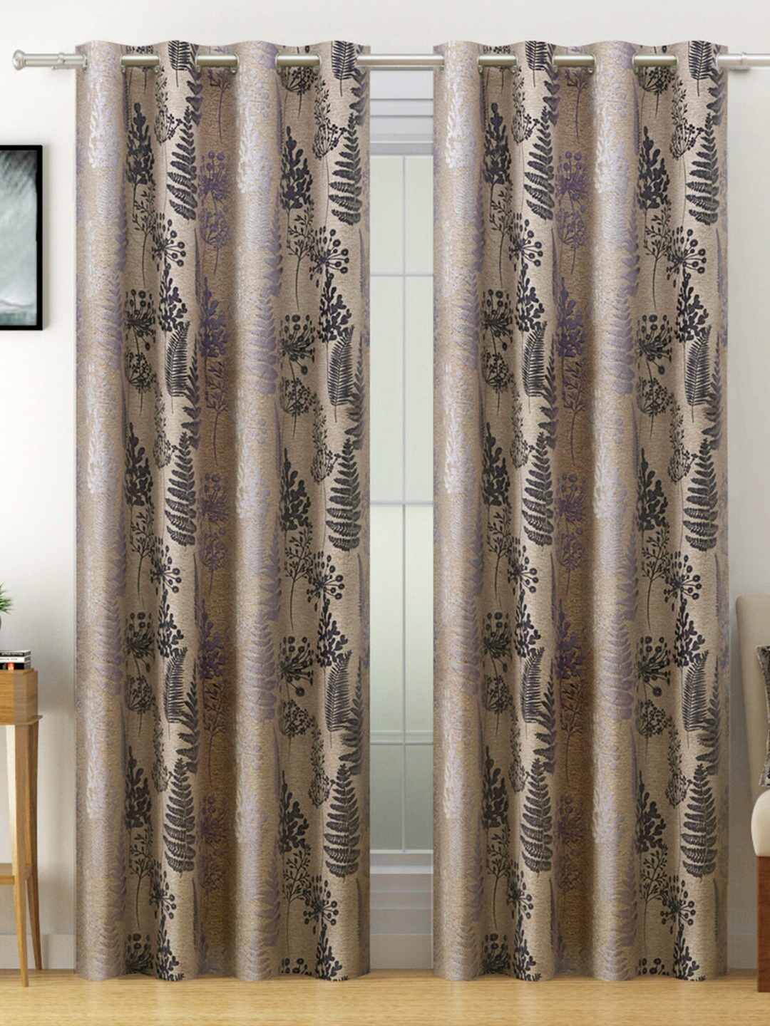 

SWAYAM Brown & Beige Set of 2 Floral Room Darkening Door Curtain
