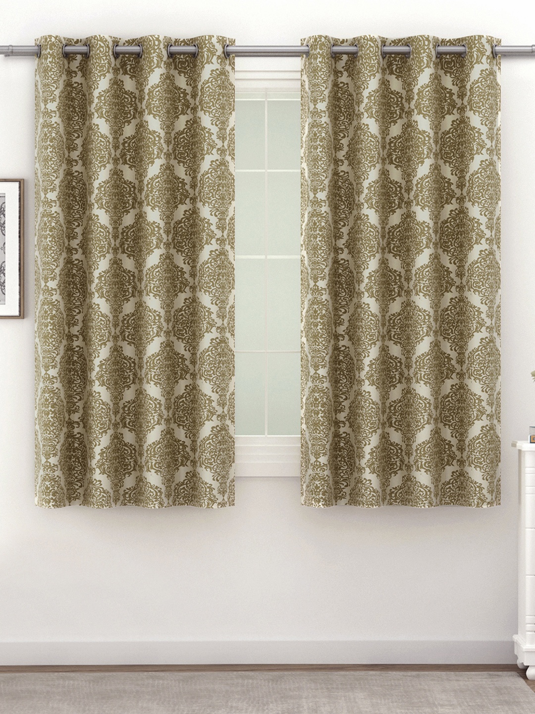 

SWAYAM Set of 2 Olive Green & Brown Ethnic Motifs Room Darkening Window Curtain