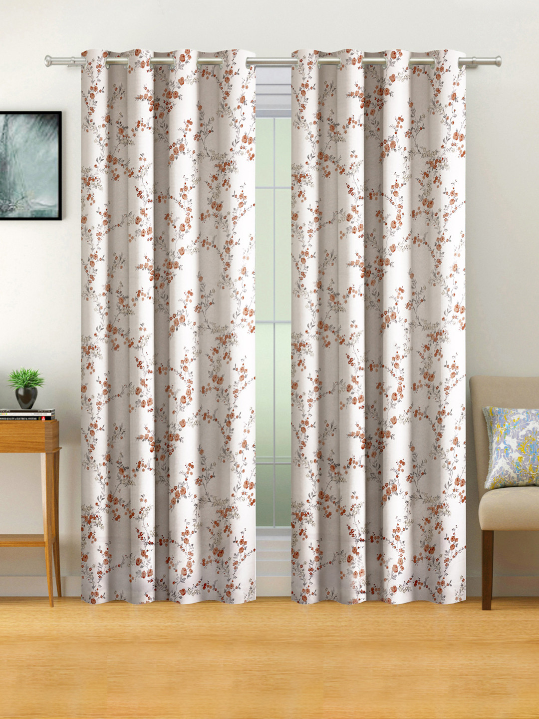 

SWAYAM Pack Of 2 White Floral Printed Room Darkening Door Curtains