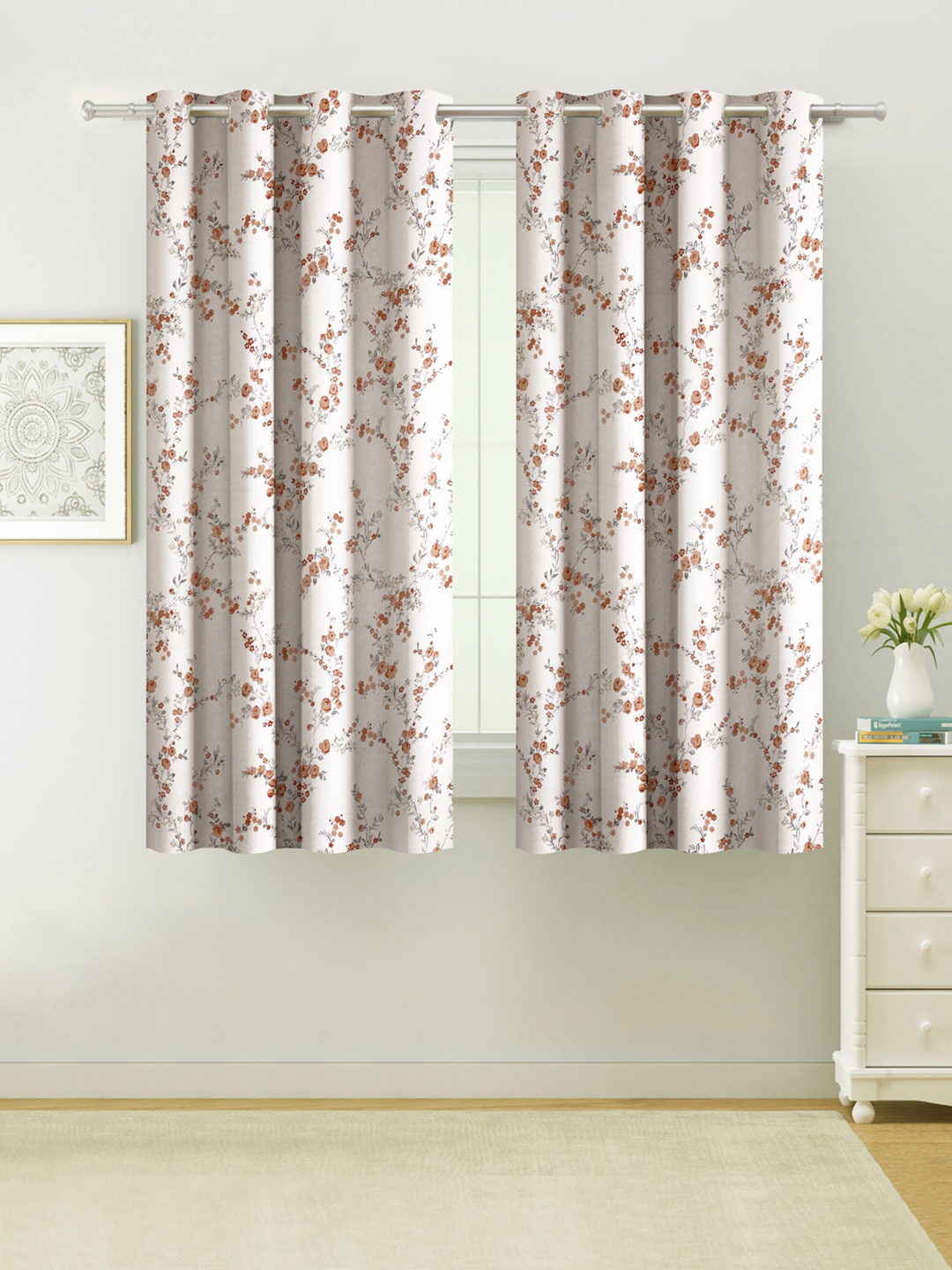 

SWAYAM White & Pink Set of 2 Floral Room Darkening Window Curtain