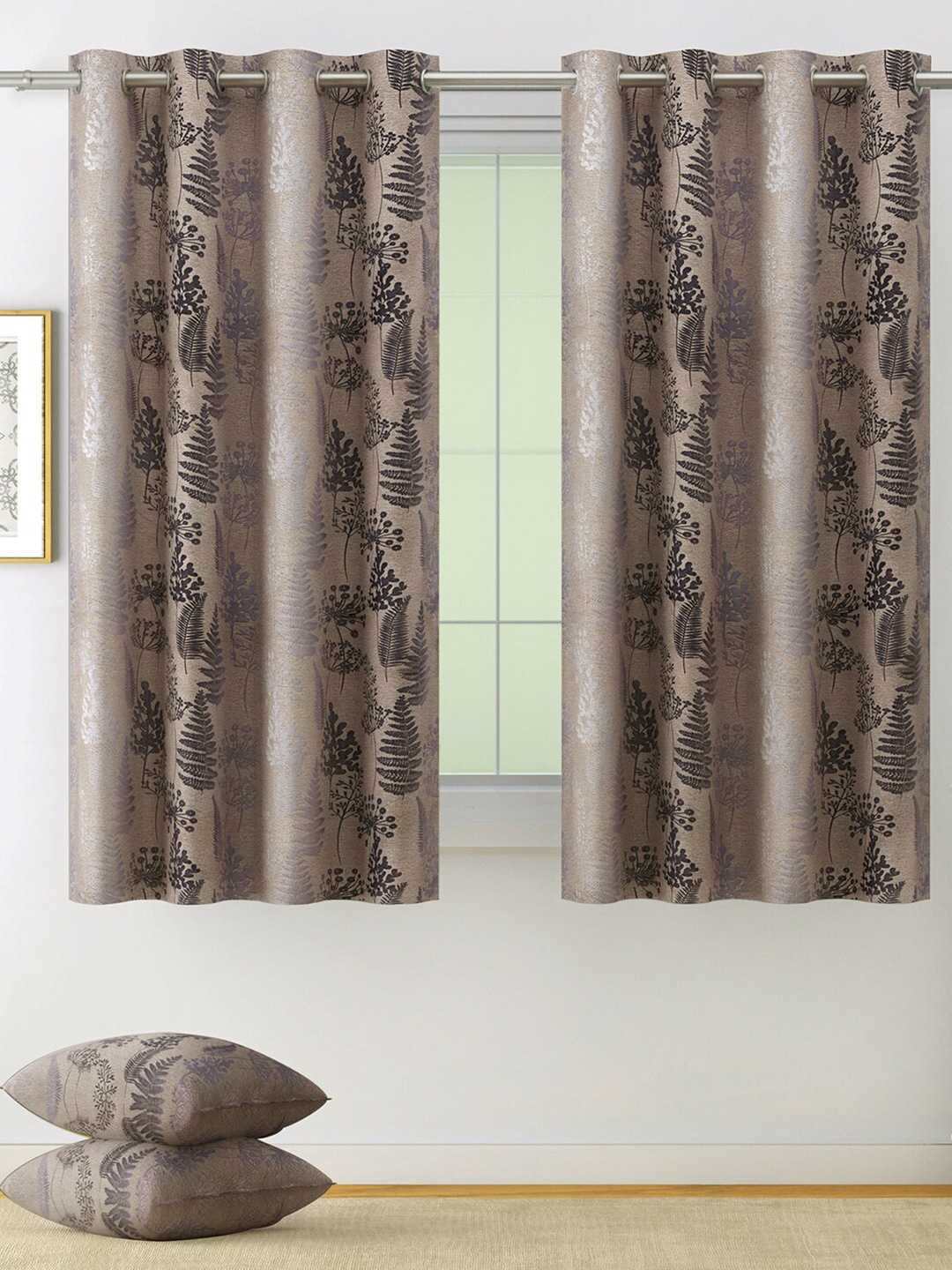 

SWAYAM Set Of 2 Brown & Grey Floral Printed Room Darkening Window Curtain