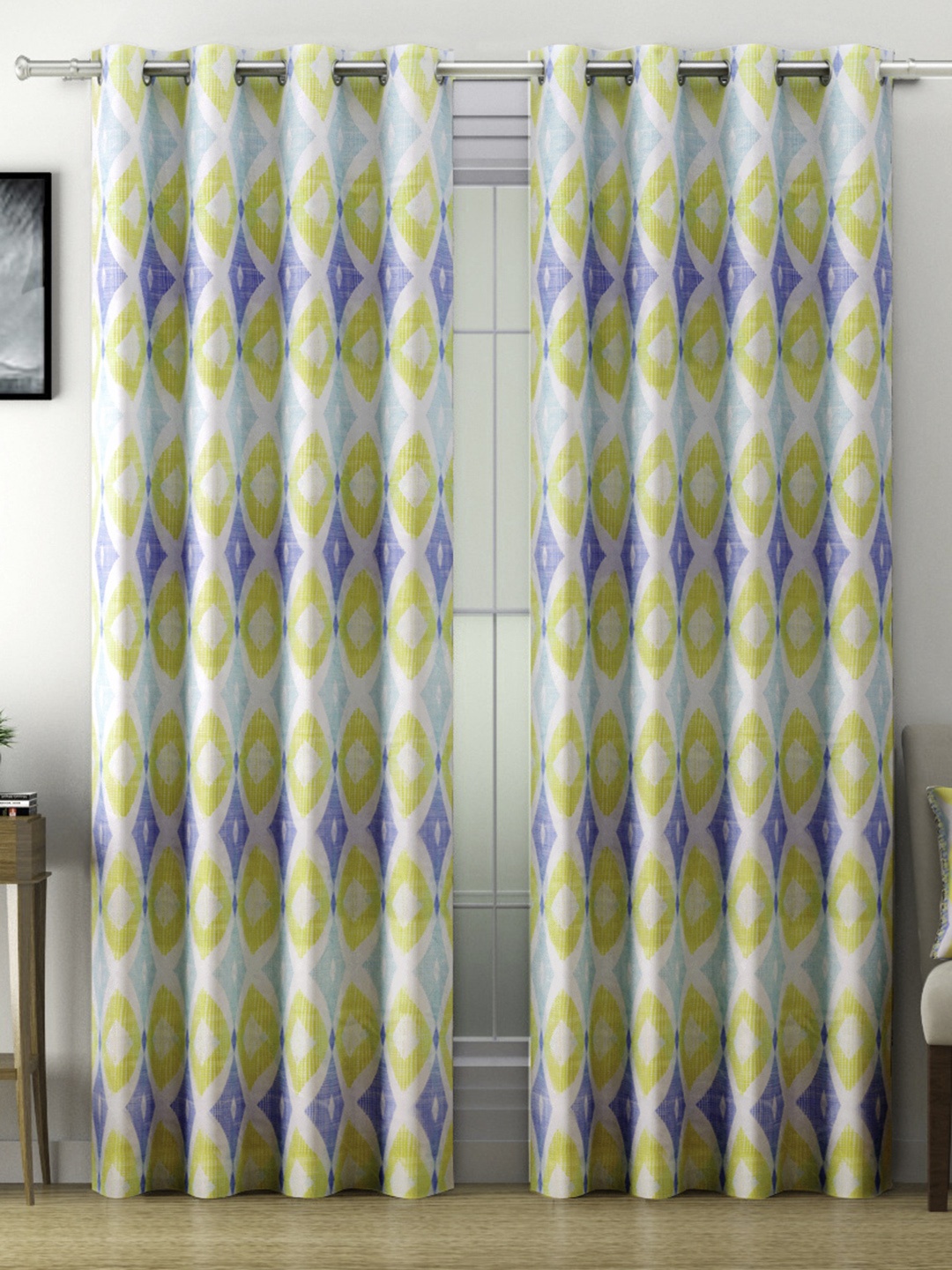 

SWAYAM Blue & Yellow Set of 2 Geometric Room Darkening Long Door Curtain