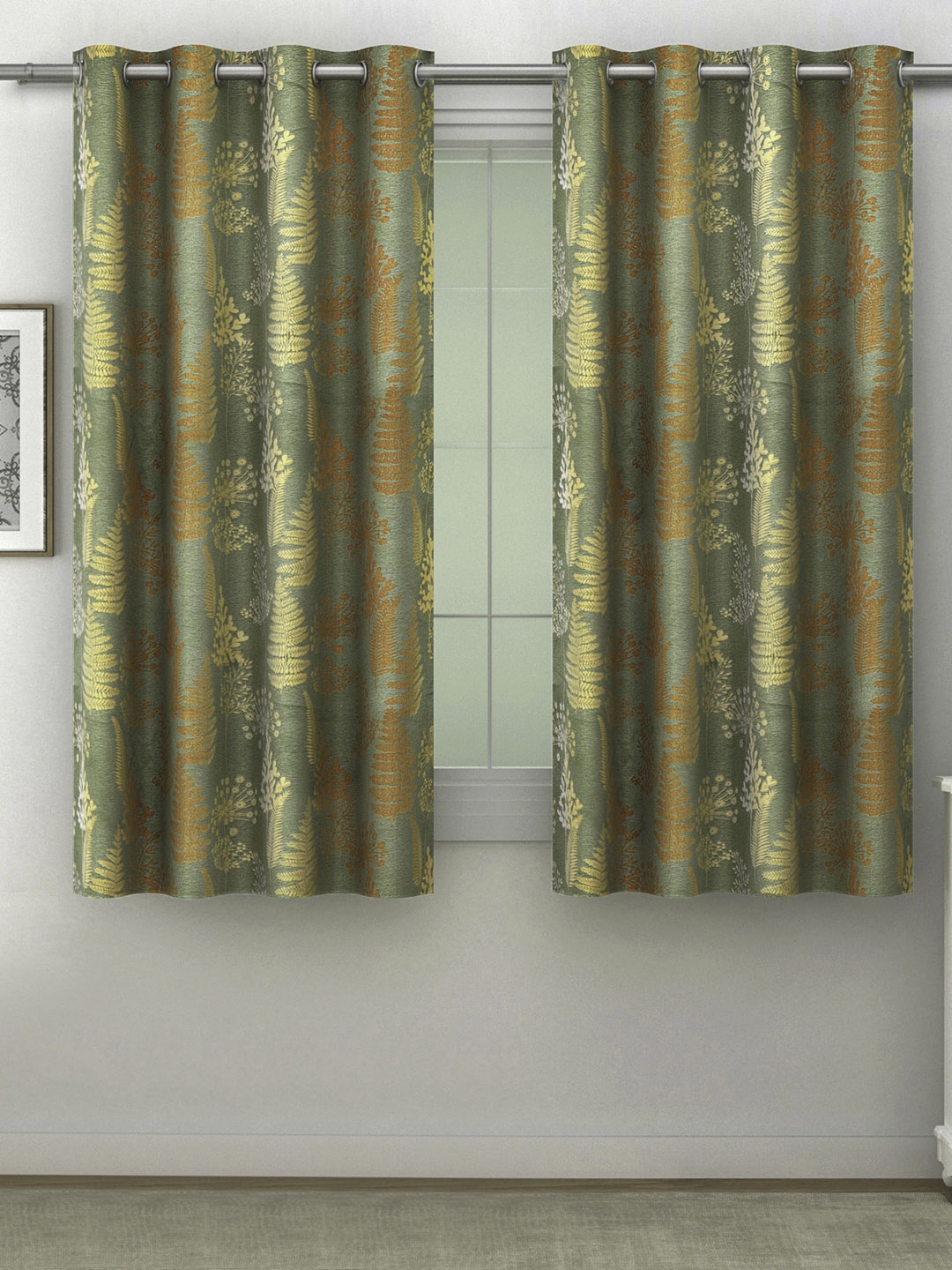 

SWAYAM Green & Gold-Toned Set of 2 Floral Room Darkening Window Curtain