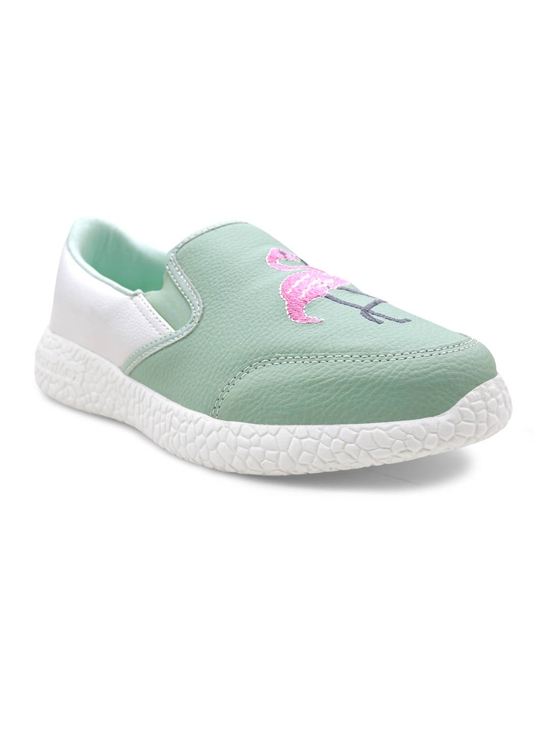 

KazarMax Women Green Woven Design PU Flamingo Slip-On Sneakers