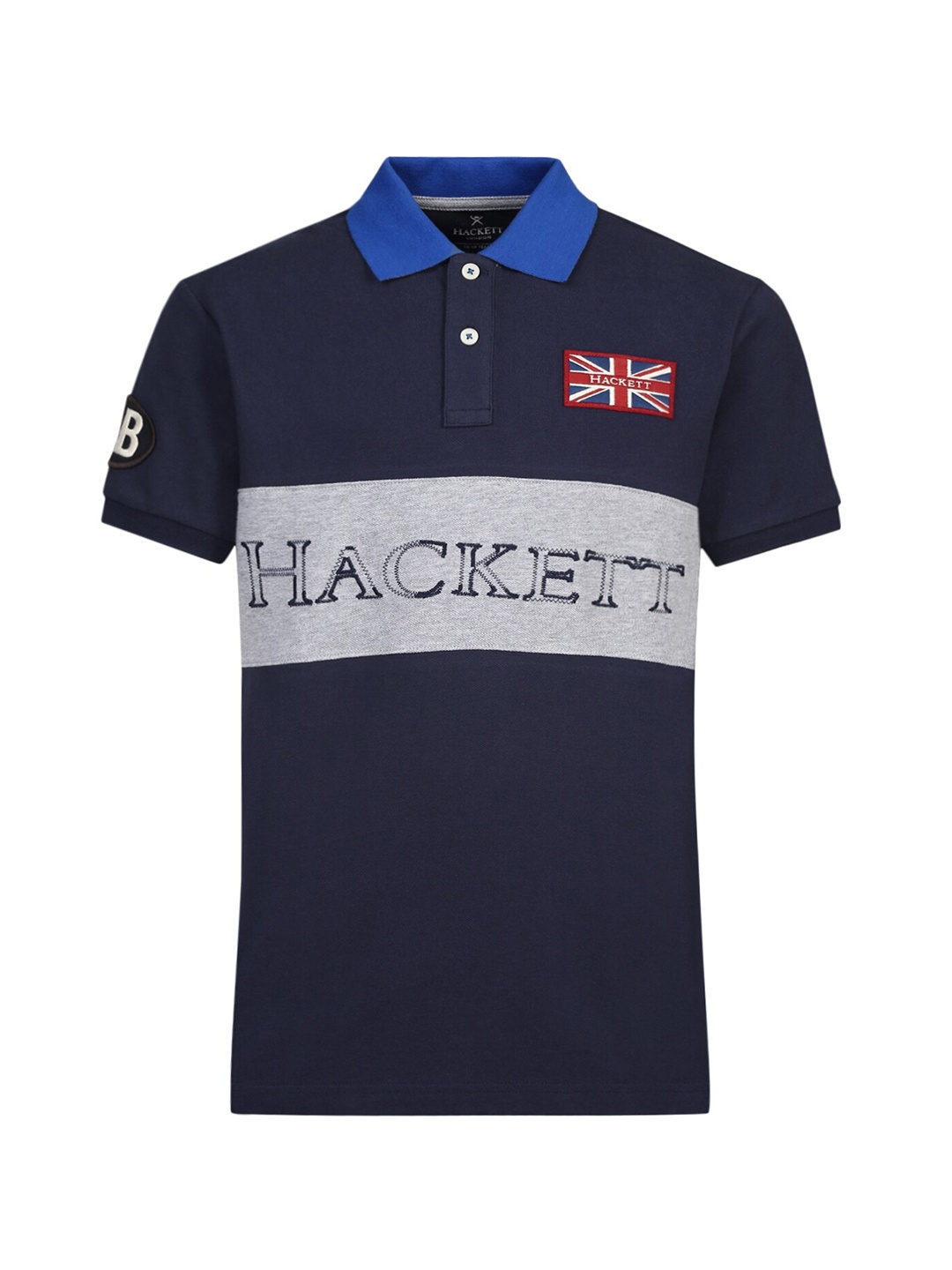 

HACKETT LONDON Boys Navy Blue Typography Colourblocked Polo Collar Applique T-shirt