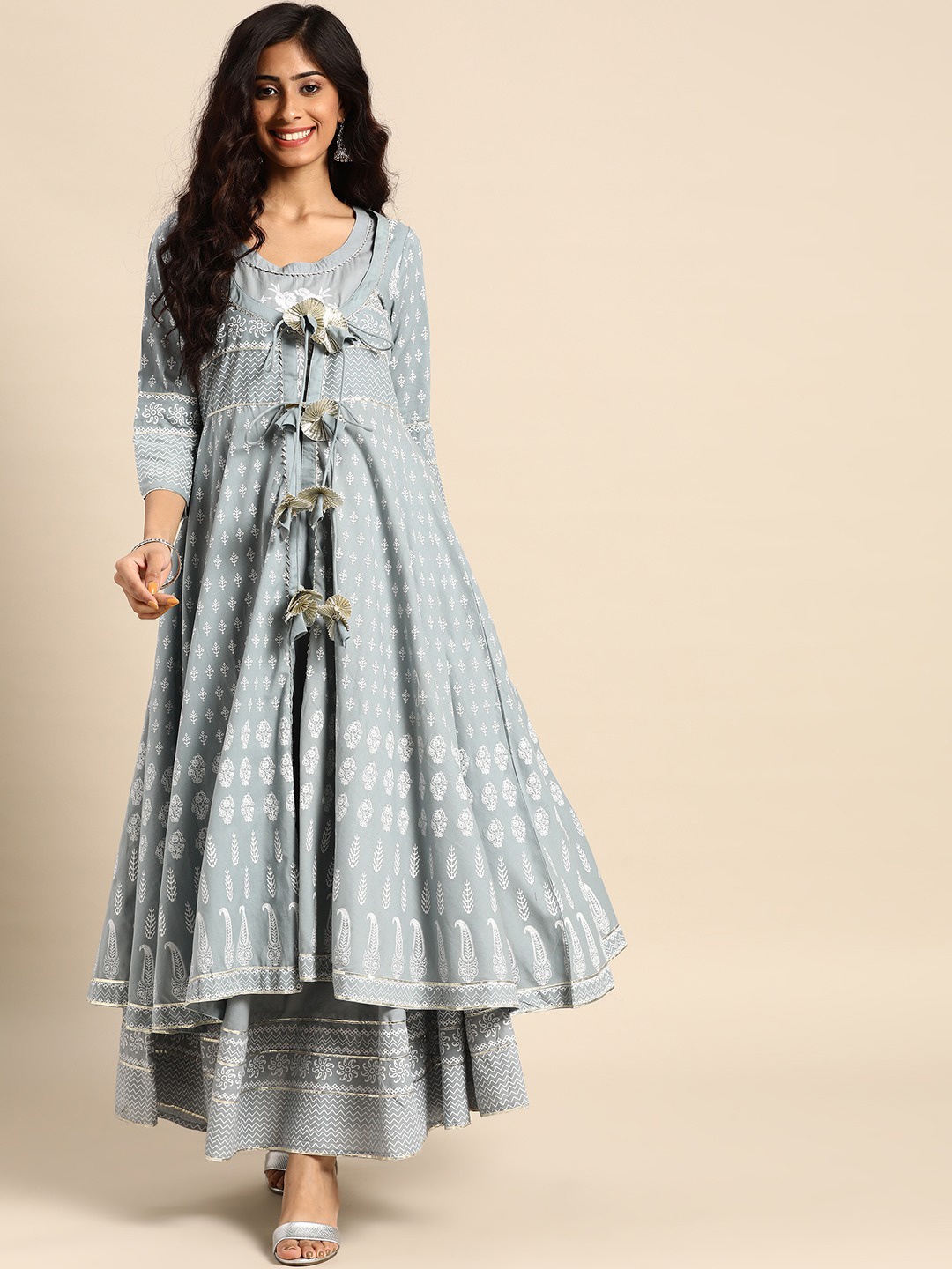 

RANGMAYEE Women Grey Floral Printed Cotton Layered Anarkali Kurta