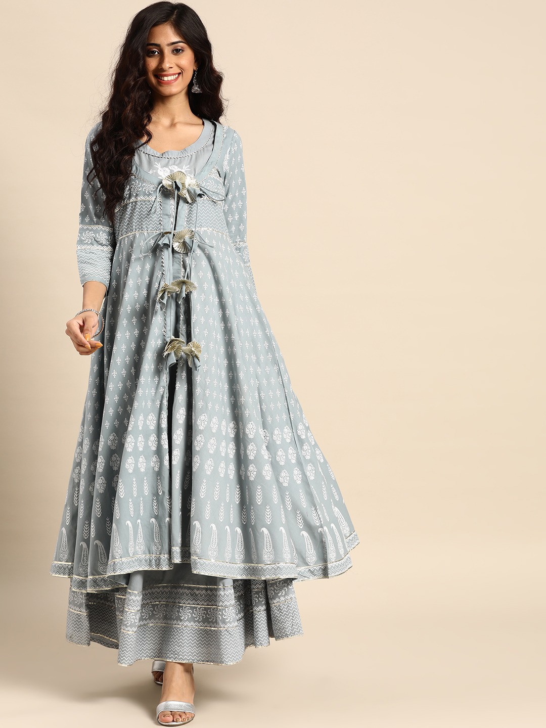 

RANGMAYEE Women Grey Floral Printed Cotton Layered Anarkali Kurta