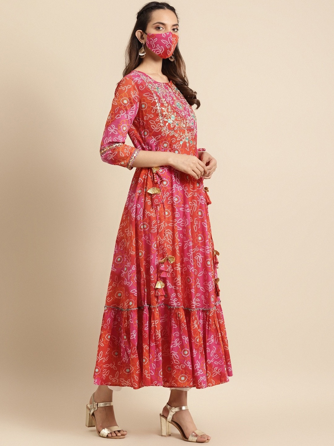 

RANGMAYEE Women Pink Ethnic Motifs Printed Cotton Kurta With Matching Mask