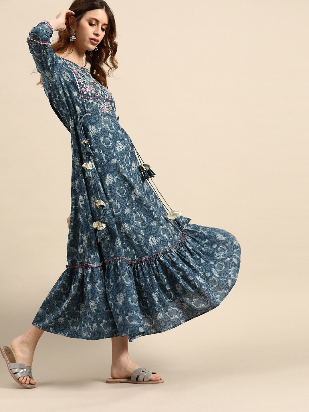 

RANGMAYEE Blue Gotta Patti Embroidered Ethnic A-Line Maxi Dress