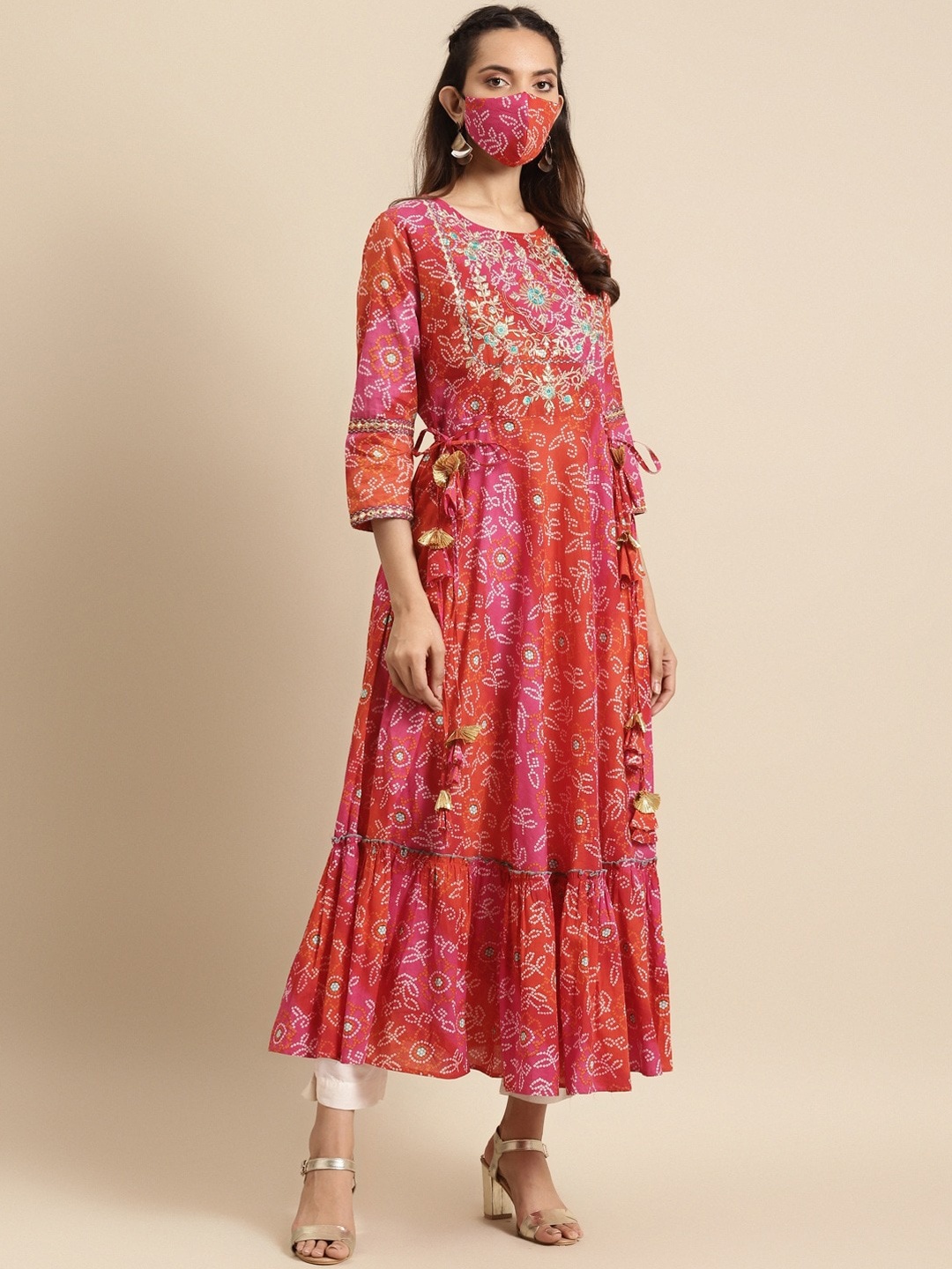 

RANGMAYEE Women Pink Bandhani Printed Cotton Anarkali Kurta With Matching Mask
