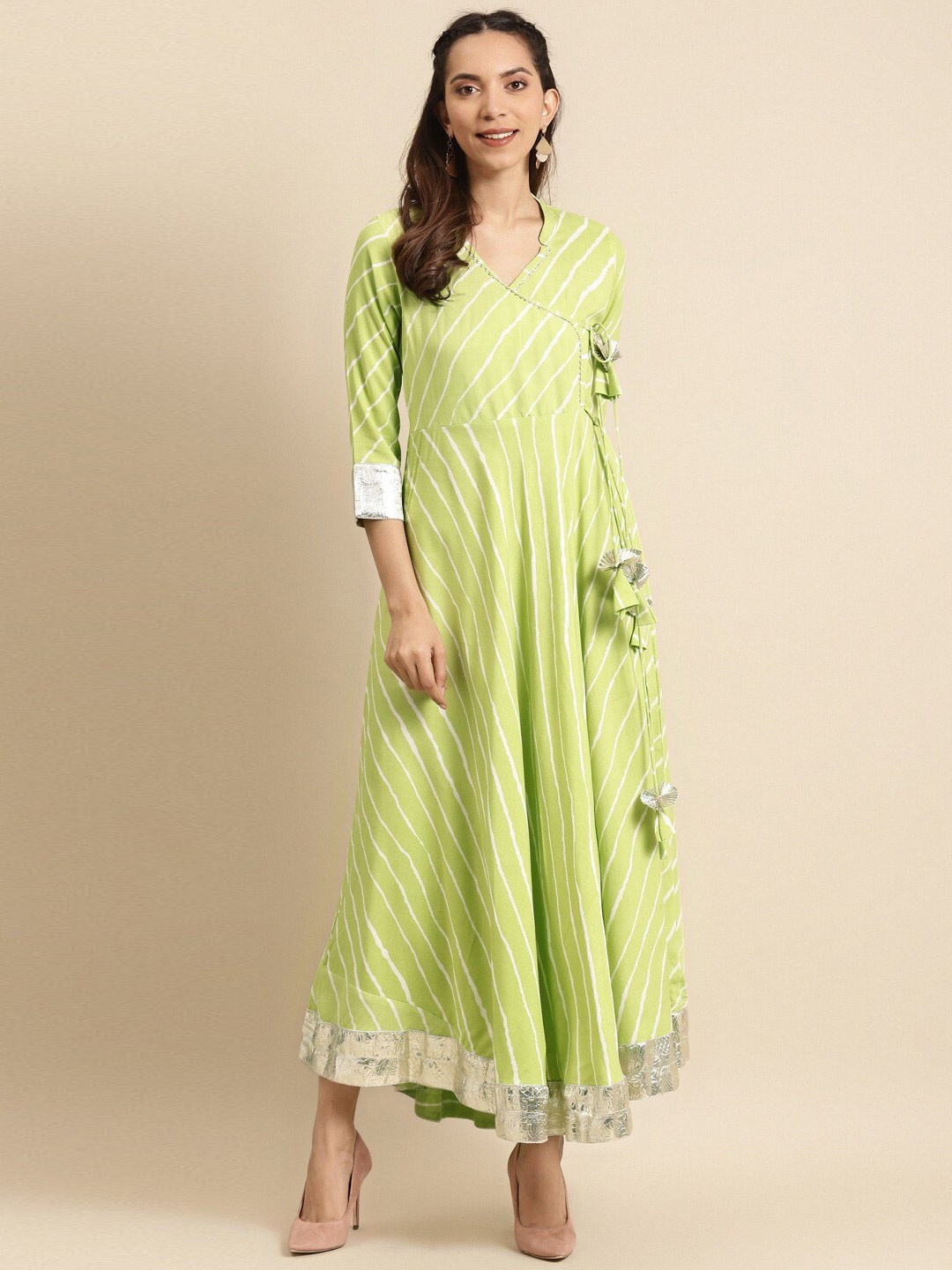 

RANGMAYEE Green Gotta Patti Striped Ethnic Maxi Dress