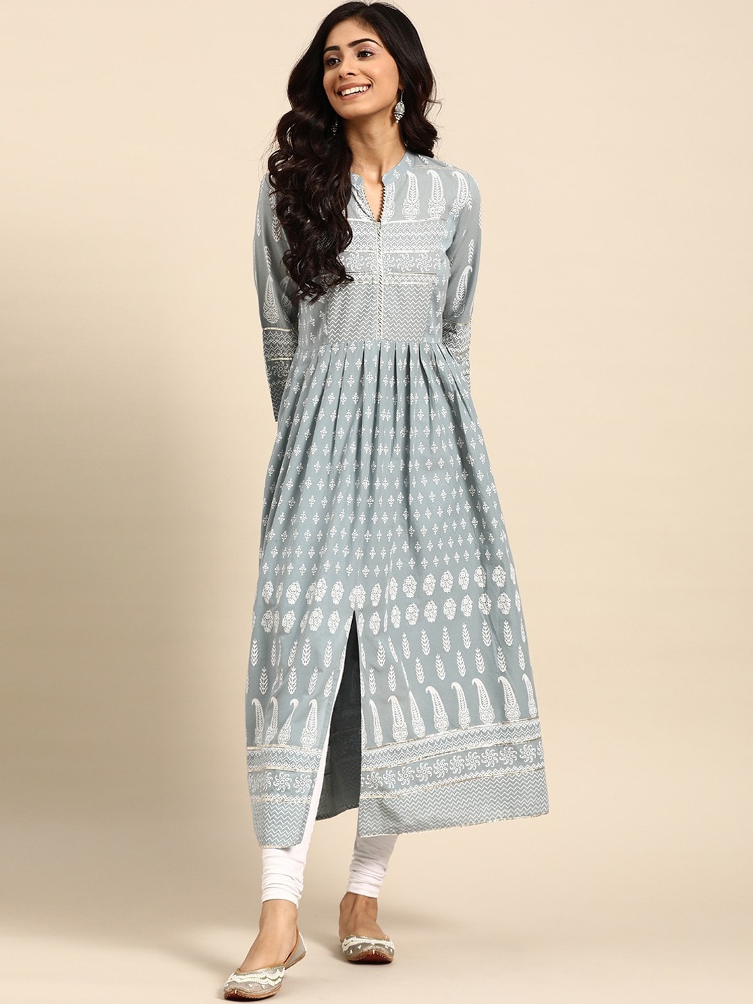 

RANGMAYEE Women Grey Ethnic Motifs Printed Cotton Anarkali Kurta