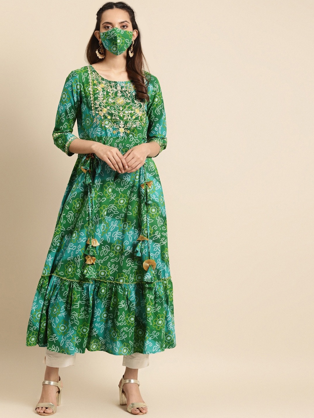 

RANGMAYEE Women Green Bandhani Printed Cotton Anarkali Kurta With Matching Mask
